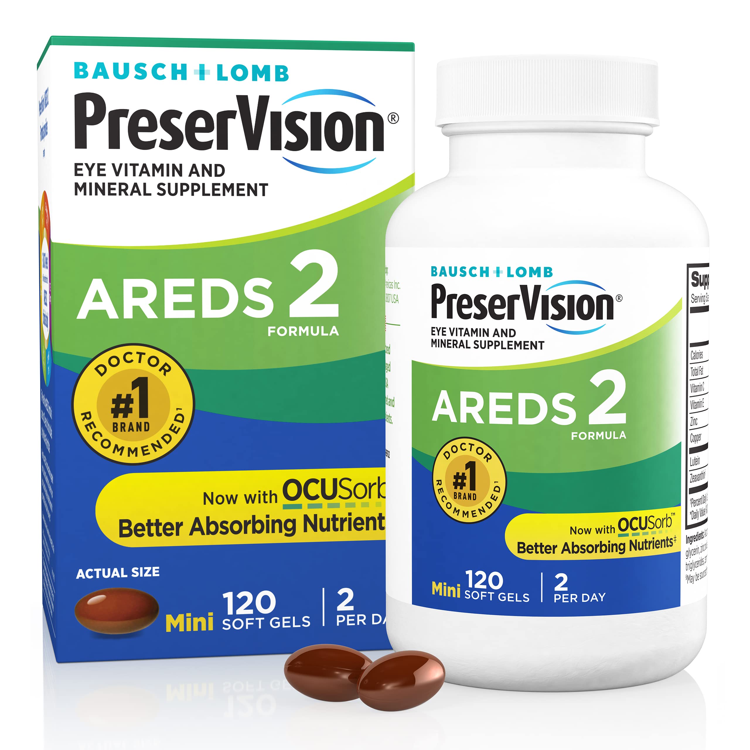 PreserVision AREDS 2 Supplément de vitamines et de minéraux pour les yeux, contient de la lutéine, de la vitamine C, de la zéaxanthine, du zinc et de la vitamine E, 120 gélules